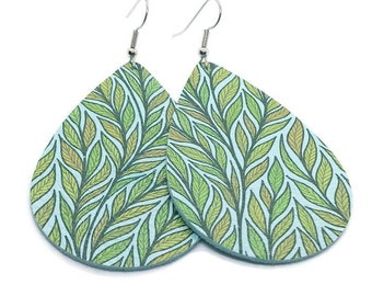 Leather earrings blue with green leaf pattern pick your size
