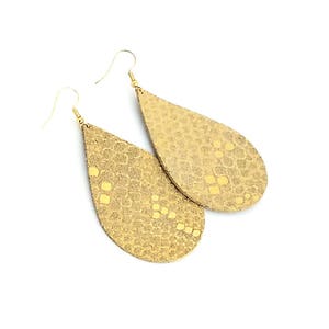 Leather teardrop earrings gold honeycomb metallic pick your size