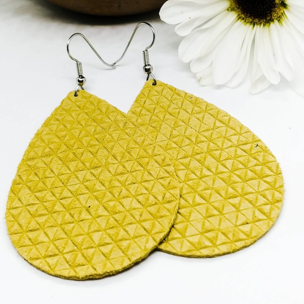 Leather Earrings mustard embossed triangle Handmade by Hammered Love Letters Pick your size