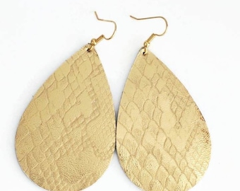 Leather Earrings gold snake print leather handmade by Hammered Love Letters