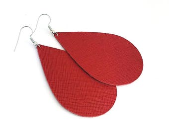 Leather earrings RED saffiano leather pick your size!  Firm leather