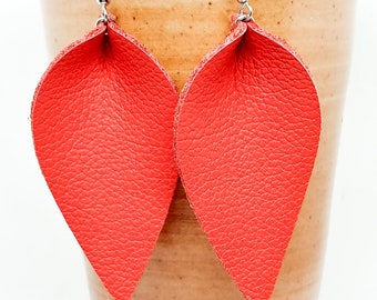 Leather earrings Coral zia magnolia leaf folded leaf leather earrings handmade