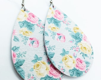 Leather Earrings light blue floral handmade by Hammered Love Letters