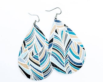 Leather Earrings blues teal, tan, black feather handmade by Hammered Love Letters