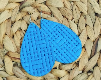 Leather earrings bright blue basket weave pick your size