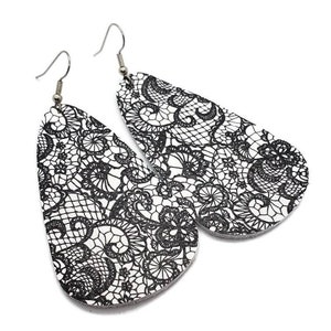 Leather earrings black and white lace print gumdrop shape