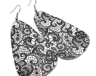 Leather earrings black and white lace print gumdrop shape