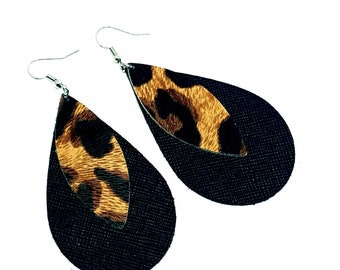 Layered leather earrings doubles black saffiano with cheetah leaf handmade by Hammered Love Letters