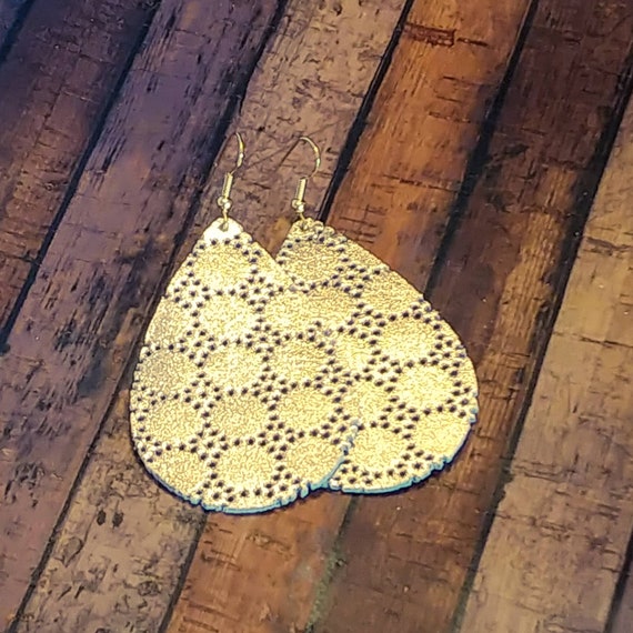 Leather Earrings gold swiss dot perforated dot leather handmade by Hammered Love Letters