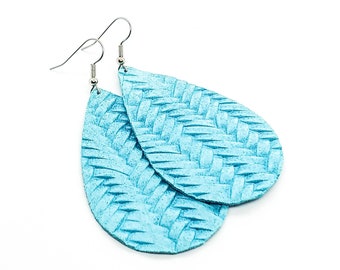 Leather earrings turquoise blue fishtail braided pattern pick your size