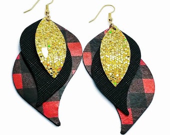 Faux Leather buffalo plaid layered earrings red and black buffalo check limited time!! handmade by Hammered Love Letters