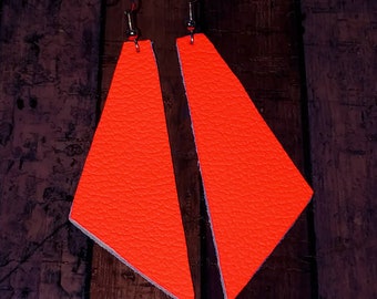 Leather Earrings 80's inspired neon orange geometric shape, new shape in 3 sizes! Handmade by Hammered Love Letters