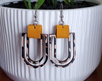 Wood and leather earrings leopard with mustard accent **Limited Quantity**