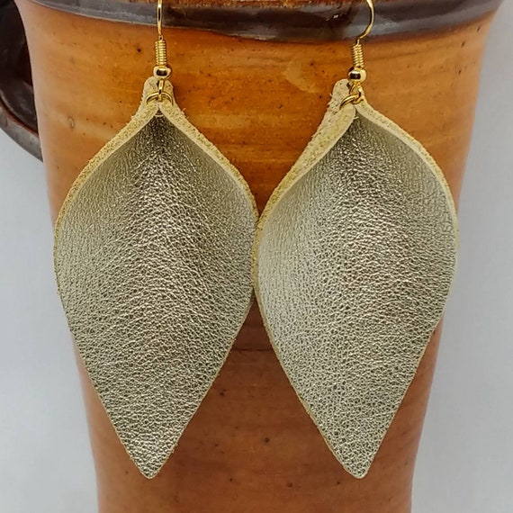 Leather Earrings Light Gold Zia Magnolia Leaf Folded Leaf Light Gold Metallic Leather Earrings Handmade Etsy
