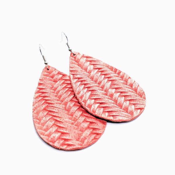 Leather Earrings coral salmon pink fishtail braided pattern 3 sizes available! handmade by Hammered Love Letters