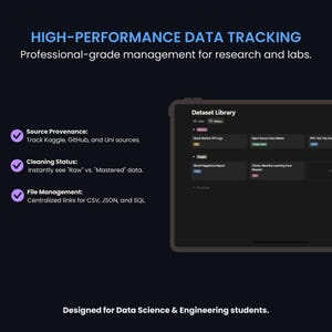 Puede incluir: Una tableta digital muestra una interfaz de gesti&oacute;n de datos con el texto "HIGH-PERFORMANCE DATA TRACKING". La pantalla muestra una "Dataset Library" con opciones de fuente de datos y funciones de gesti&oacute;n de archivos. La imagen est&aacute; dise&ntilde;ada para estudiantes de ciencias de datos e ingenier&iacute;a.