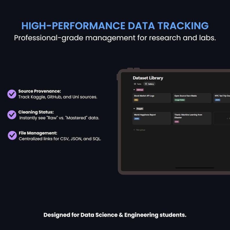 Puede incluir: Una tableta digital muestra una interfaz de gesti&oacute;n de datos con el texto "HIGH-PERFORMANCE DATA TRACKING". La pantalla muestra una "Dataset Library" con opciones de fuente de datos y funciones de gesti&oacute;n de archivos. La imagen est&aacute; dise&ntilde;ada para estudiantes de ciencias de datos e ingenier&iacute;a.