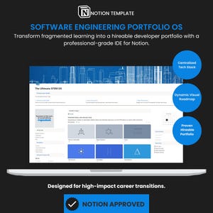 May include: A laptop screen displays a Notion template for a software engineering portfolio. The template includes the text "SOFTWARE ENGINEERING PORTFOLIO OS" and "NOTION APPROVED." The design features a blueprint-style background and circular callouts.