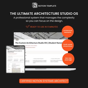 May include: An advertisement for a Notion template for architecture studios, showing a laptop and tablet with design software. The image highlights features like architectural modularity and studio-grade infrastructure. The template is described as ready to use in 5 minutes.