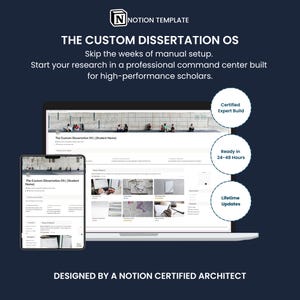 May include: An advertisement for "THE CUSTOM DISSERTATION OS" displayed on a laptop and smartphone. The text reads "Skip the weeks of manual setup" and "Start your research in a professional command centre." Additional text: "Certified Expert Build," "Ready in 24-48 Hours," and "Lifetime Updates."