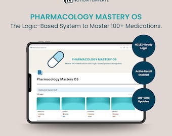 Rastreador de medicamentos de farmacología para estudiantes de enfermería / Plantilla de Notion Med Surgeon / Herramienta de estudio de farmacología / Carpeta médica para escuelas de enfermería OS