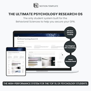 May include: A digital mockup of a psychology research operating system on a laptop and tablet. The screen displays "The Ultimate Psychology Research OS" and features for literature tracking, GPA forecasting, and semester reset. The text "THE HIGH-PERFORMANCE SYSTEM FOR THE TOP 1% OF PSYCHOLOGY STUDENTS" is at the bottom.