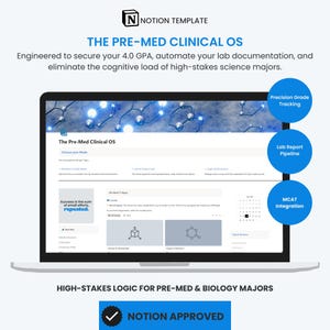 Könnte beinhalten: Ein Laptop-Bildschirm zeigt die Notion-Vorlage "THE PRE-MED CLINICAL OS". Die Oberfläche bietet Funktionen zur Notenverfolgung, Laborberichten und MCAT-Integration. Der Text betont die Automatisierung für Studenten der Naturwissenschaften.