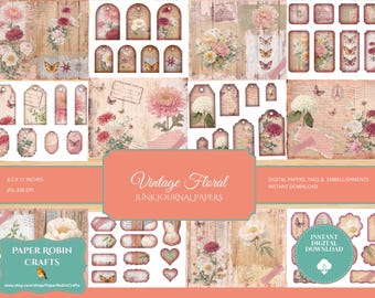 May include: A collage of vintage floral digital papers, tags, and embellishments. The design features watercolor flowers, butterflies, and aged paper textures. Includes the text "Vintage Floral" and "Instant Digital Download".