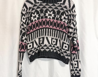 Vintage 90s Pink & Black Bold Geometric Aztec Print Mock Neck Chunky Sweater