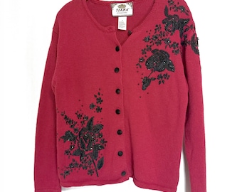 Vintage 90s Red Pinup Cardigan With Black Floral Embroidery and Beading Size M