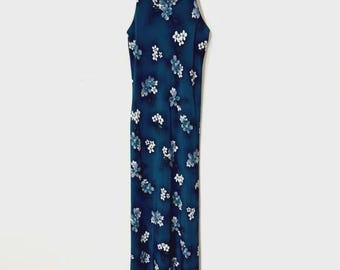 Vintage 90s Blue Floral Silky Maxi Slip Dress Size 7