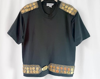 Vintage 90s Boxy black Cropped T-Shirt With Gold Coin Embellished Trim Size Med