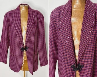 Vintage Red & Purple Tweed Rhinestone Embellished Blazer with Statement Shoulder