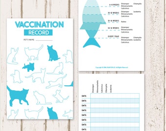 Printable Cat Vaccine Health Record | Pet Care Record Book | Instant PDF Download - Blue