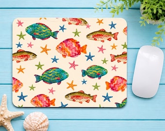 Colorful Watercolor Fish Mouse Pad | Coastal Ocean Desk Accessory