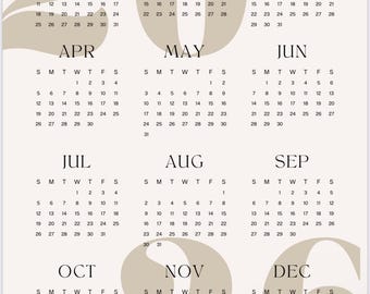 Puede incluir: Calendario beige y blanco de 2024 con diseños mensuales. Cada mes se muestra con su nombre y fechas, sobre un fondo neutro con formas abstractas. El calendario está diseñado para uso doméstico u oficina.