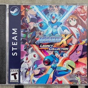May include: A video game case for Mega Man X Legacy Collection. The cover art features multiple characters in a vibrant, action-packed scene. The Steam logo is visible on the side, along with the ESRB Teen rating.