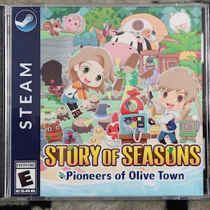 May include: A video game case for "Story of Seasons: Pioneers of Olive Town" featuring cartoon characters and a colorful farm scene. The case includes the Steam logo and an ESRB rating.
