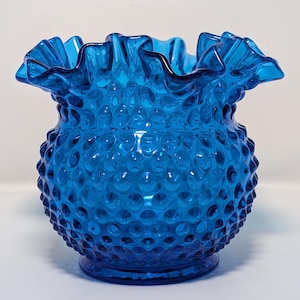 Vintage Fenton blue hobnail glass bowl with crimped and ruffled top edge