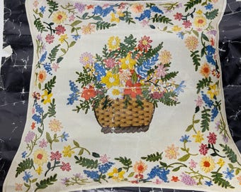 Vintage Dimensions "Floral Basket Pillow" crewel embroidery kit (model 1126) from 1979.