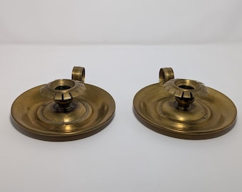 Vintage Brass Chamberstick Candle Holder, Wide Catch-All Base, Finger-Loop Handle, Set of 2