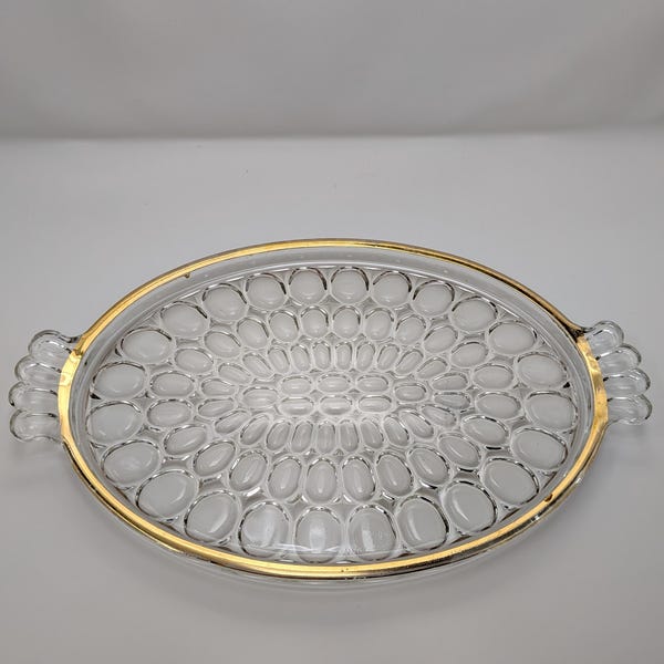 Vassoio vintage in vetro con finiture dorate, ovale, Jeanette Thumbprint, anni '60