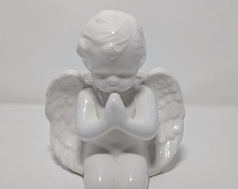 Vintage Planter Kneeling Praying Cherub Angel White Pottery 1970's
