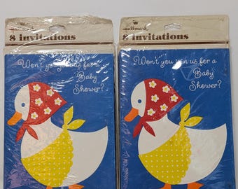 Vintage Hallmark Baby Shower invitations Mother Duck wearing a Bonnet and Apron. 2 packs of 8