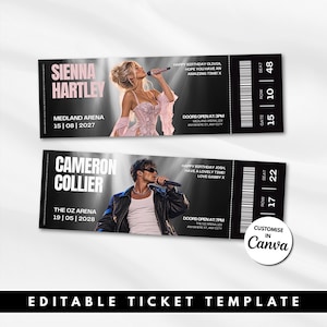 Può includere: Due modelli di biglietti per concerti rettangolari con sfondo nero. Il biglietto superiore presenta Sienna Hartley, la data 15 | 08 | 2027 e Medland Arena. Il biglietto inferiore presenta Cameron Collier, la data 19 | 05 | 2028 e The Oz Arena. Entrambi includono codici a barre e dettagli del posto.