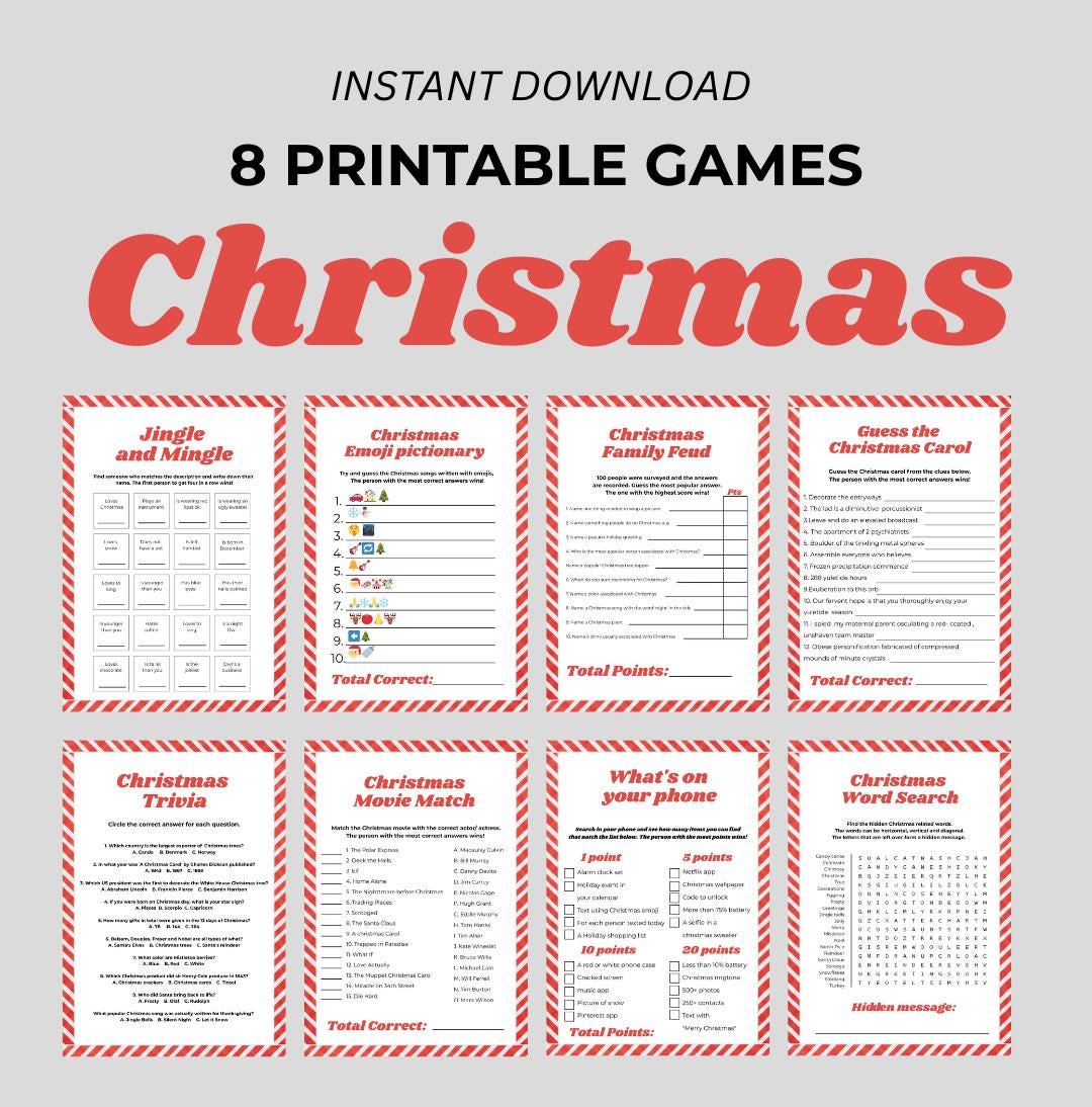 Paquete de juegos navideños imprimibles | 8 divertidos juegos navideños ...