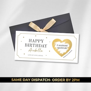May include: A white rectangular birthday card with gold stars and a gold heart scratch-off area that reads A weekend spa break. The card features the text Happy Birthday Arabella and Lots of love, Mum x, and is placed on a dark grey envelope with a cream ribbon.