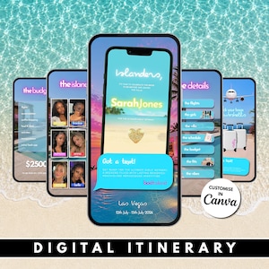 Könnte beinhalten: Eine digitale Reiseplanvorlage auf mehreren Smartphone-Bildschirmen mit Strandmotiv, rosa Text und anpassbaren Abschnitten für Reisedetails, einschließlich des Textes Islander's, Sarah Jones, Las Vegas, 12th July - 15th July 2026.