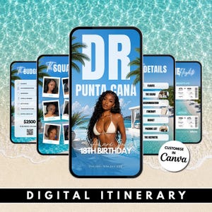 May include: A digital itinerary template for a birthday trip to Punta Cana, displayed on multiple smartphone screens. The design features a tropical beach theme with blue water, palm trees, and placeholders for photos, flight details, and budget information.