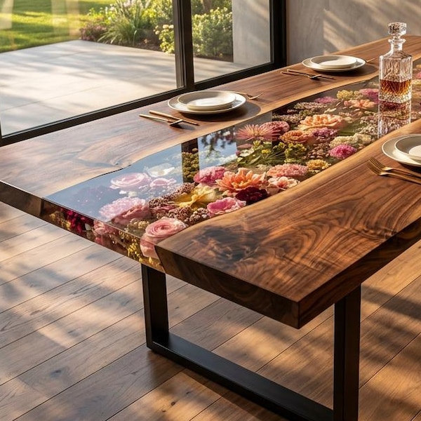 Handgefertigter Tisch aus Epoxidharz mit echten Trockenblumen – Luxuriöser, individueller Flusstisch, einzigartiges botanisches Holzmöbelstück, naturnahes Zuhause